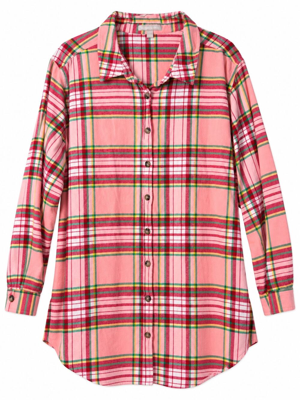 Woman Within 3X 30/32 Pink Plaid Cotton Flannel Tunic Button Shirt